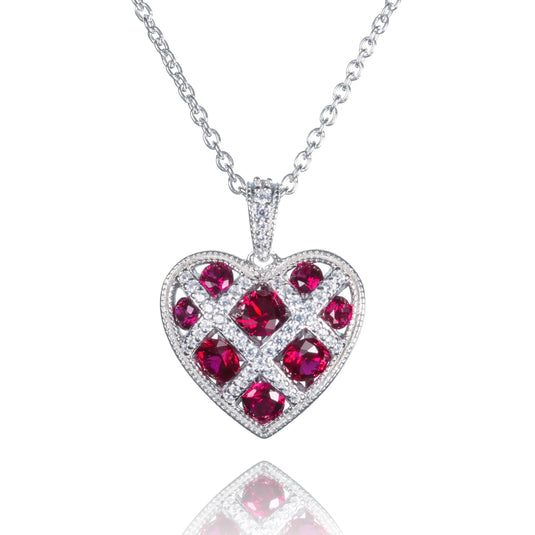 Sterling Silver Lattice Heart Necklace With Red Stones - Luna Rossi