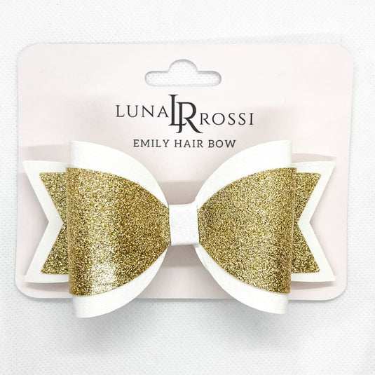 Emily Hair Bow - Gold Glitter on White - Luna Rossi