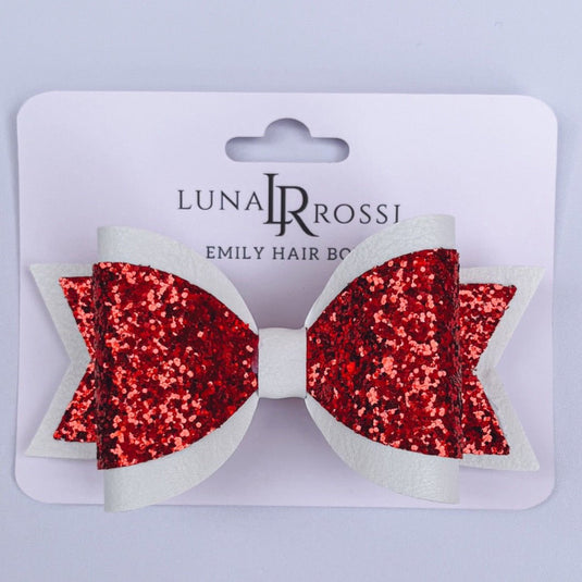 Emily Hair Bow - Red Glitter on White - Luna Rossi