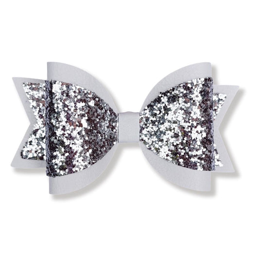 Emily Hair Bow - Silver Glitter on White - Luna Rossi