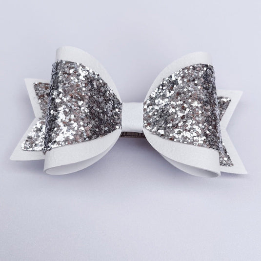 Emily Hair Bow - Silver Glitter on White - Luna Rossi