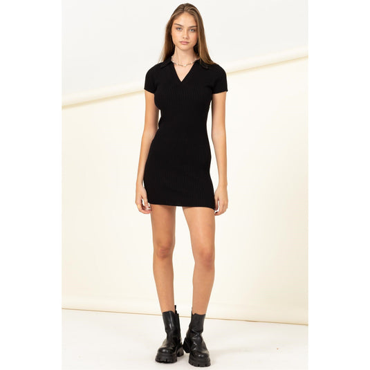 HYFVE Collared Ribbed Mini Dress Tunic in Black - Luna Rossi