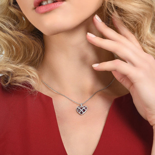 Sterling Silver Lattice Heart Necklace With Red Stones - Luna Rossi